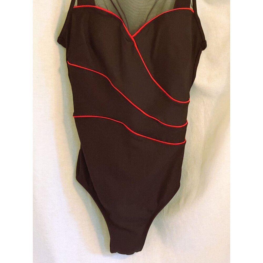 Robby Len Black One Piece Bathing Suit w/Sheer fabric above bra, Red Accents